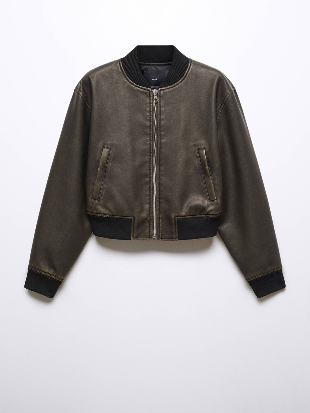 Mango Olive Green Leather Bomber Jacket with Black Rib Trim